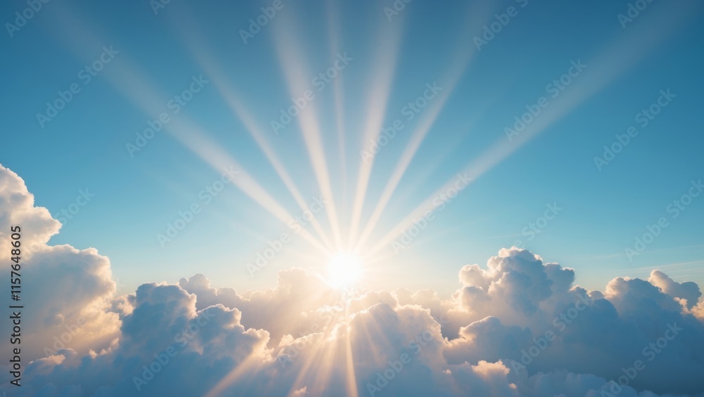 Fototapeta premium sunbeams shining through fluffy white clouds in a blue sky