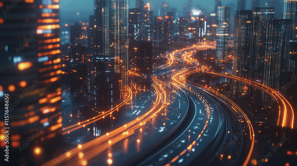 Fototapeta premium Smart digital Innovation city with connection network reciprocity over the cityscape. of future smart wireless digital city and social media networking systems that connects people with in city