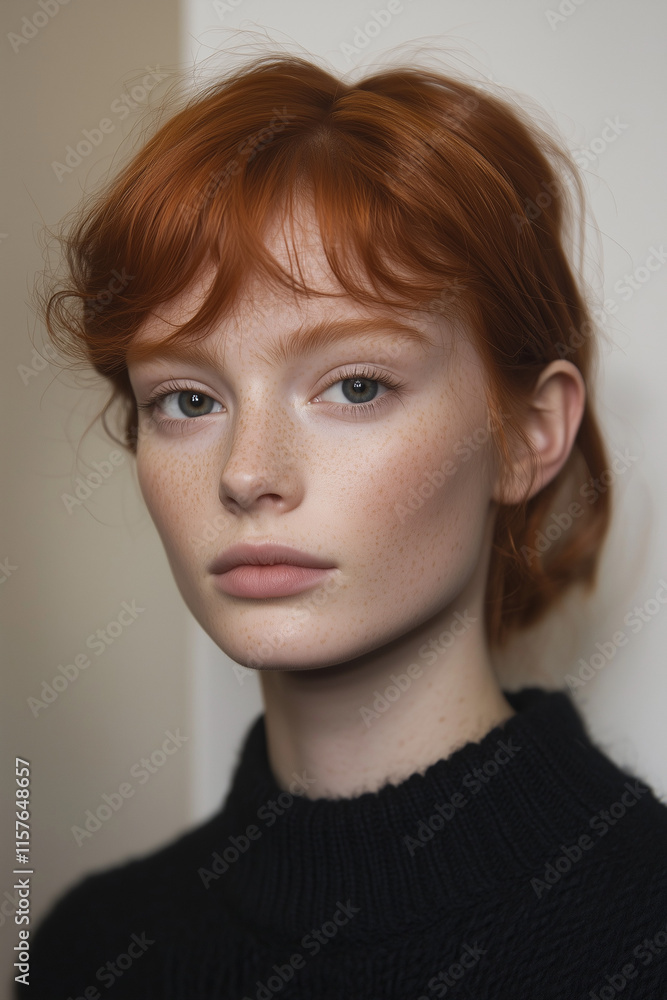 Natural Beauty Portrait of Young Woman with Wavy Red Hair, Freckles, and Serene Expression in Minimalist Studio Setting Natural Beauty Portrait of Young Woman with Wavy Red Hair, Freckles, and Serene Expression in Minimalist Studio Setting