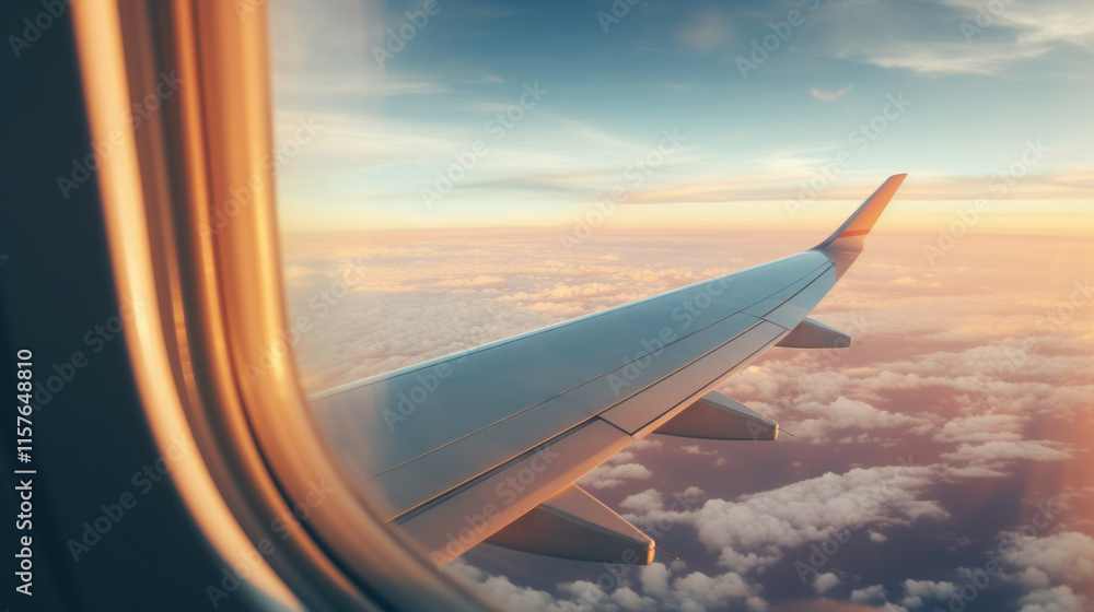 Obraz premium Sunset Glow Around Airplane Window with Wing Over Clouds