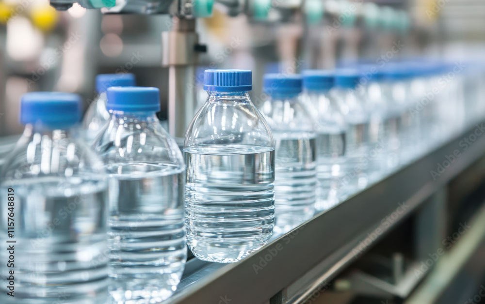 A conveyor belt carries clear plastic bottles filled with water, each capped with a blue lid, showing the efficient production process in a factory setting.