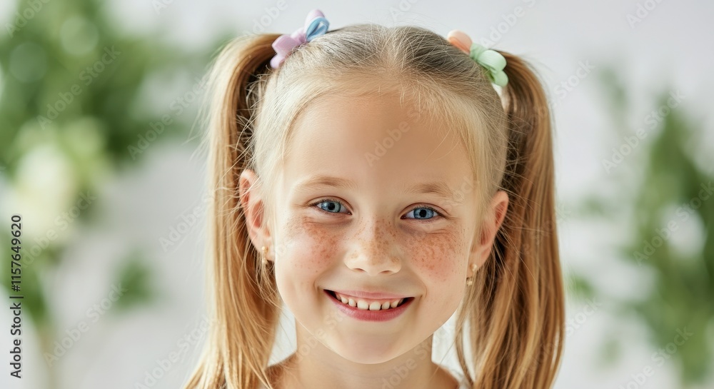 Young caucasian girl with pigtails smiling amidst soft greenery background Young caucasian girl with pigtails smiling amidst soft greenery background