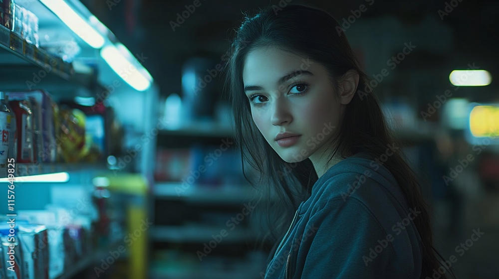 Young woman looking back in a dimly lit convenience store. Young woman looking back in a dimly lit convenience store.