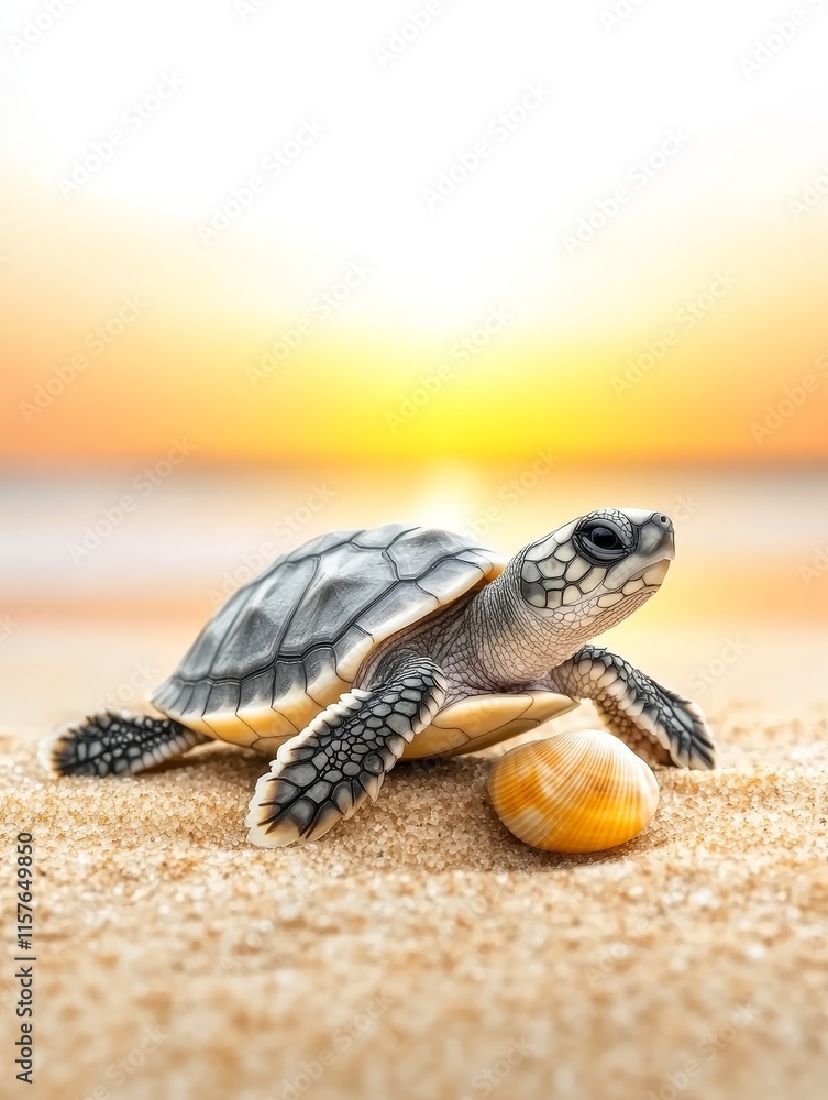 Obraz premium Baby Sea Turtle Sunset Beach - A tiny sea turtle crawls on golden sand, sunset backdrop, symbolizes new life, hope, freedom, journey, nature.