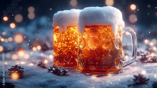 Bubbly Beer Mugs Clinking Joyfully,Representing Festive Friendship in Cartoon-Inspired Design
