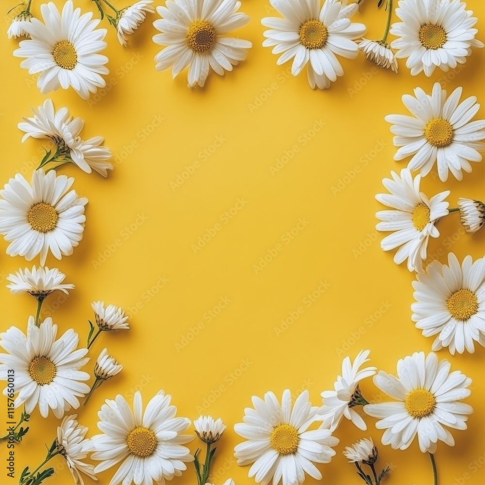 Daisies arranged in a circular pattern against a bright yellow background in vibrant floral display Daisies arranged in a circular pattern against a bright yellow background in vibrant floral display