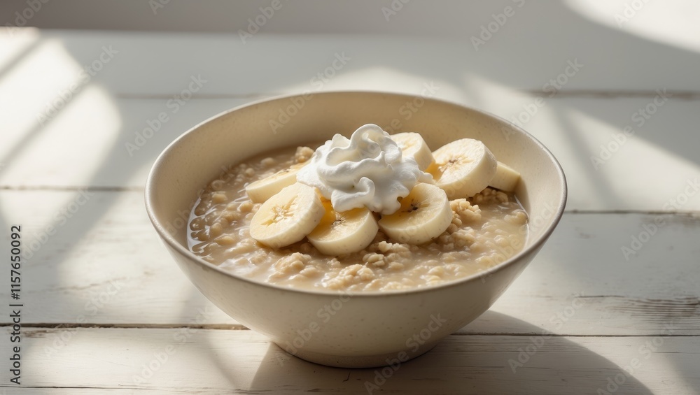 A bowl of oatmeal with bananas and a dollop of whipped cream A bowl of oatmeal with bananas and a dollop of whipped cream