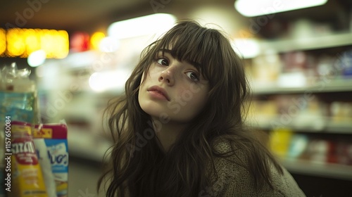 Young woman with bangs in a grocery store.