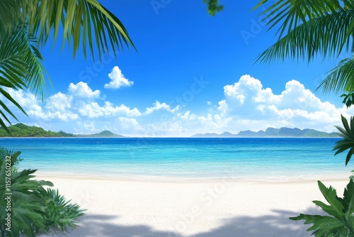 Serene Tropical Beach Background - Idyllic beach scene, azure water, white sand, lush palms, sunny sky, tranquil escape.  Evokes peace, relaxation, summer, paradise, and vacation.