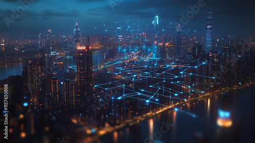 Wallpaper Mural Smart digital Innovation city with connection network reciprocity over the cityscape. of future smart wireless digital city and social media networking systems that connects people with in city Torontodigital.ca