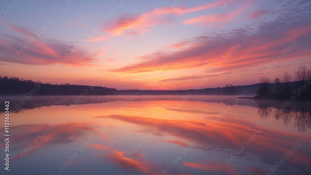 Breathtaking sunset over tranquil lake with vibrant colors reflecting on water Breathtaking sunset over tranquil lake with vibrant colors reflecting on water