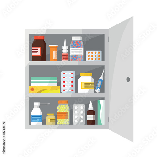 Icon of open first aid kit with medicines on shelf, on white background. First aid. Medicine.
