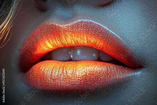 Glowing lips with vibrant orange makeup highlight close-up photo