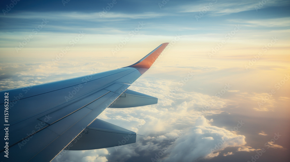 Airplane Wing Over Clouds and Mountainous Terrain Viewed from Window Airplane Wing Over Clouds and Mountainous Terrain Viewed from Window