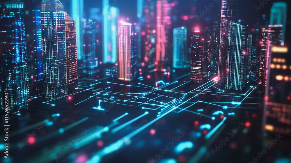 Obraz premium Smart digital Innovation city with connection network reciprocity over the cityscape. of future smart wireless digital city and social media networking systems that connects people with in city