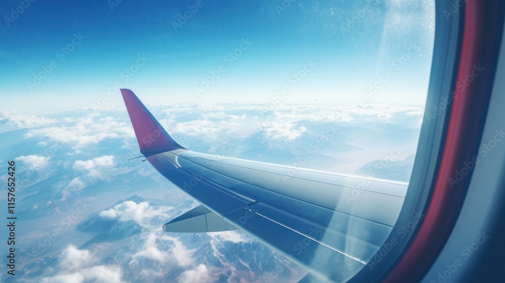 Fototapeta premium Airplane Wing Over Clouds and Mountainous Terrain Viewed from Window