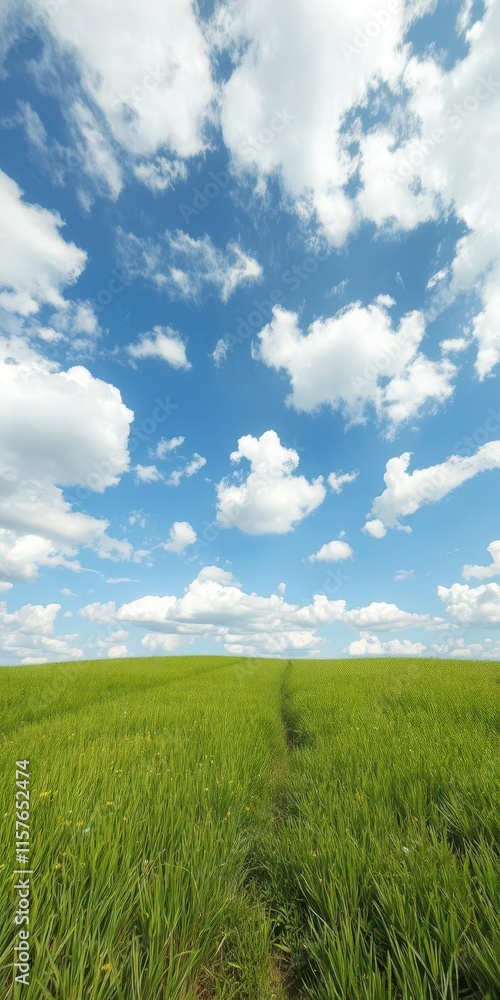 Vibrant green meadow under a vast, cloud-studded blue sky, beauty, nature Vibrant green meadow under a vast, cloud-studded blue sky, beauty, nature