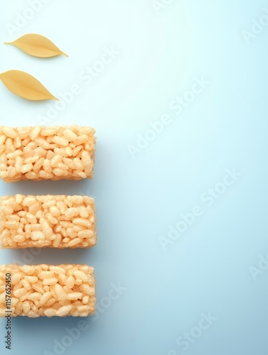 Sweet Rice Treats Delight - Three golden rice crispy treats, minimalist design, light blue background, autumn leaves, simple snack. photo