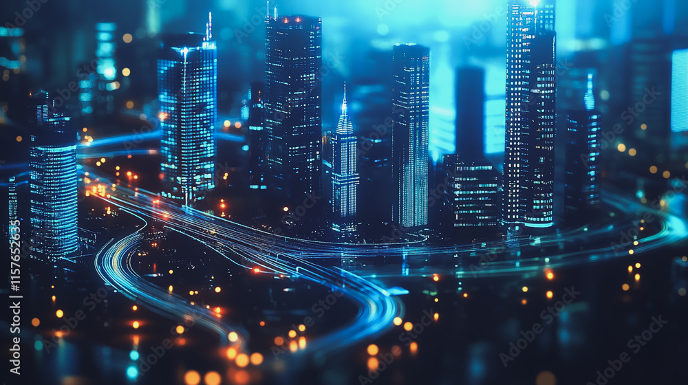 Fototapeta premium Smart digital Innovation city with connection network reciprocity over the cityscape. of future smart wireless digital city and social media networking systems that connects people with in city