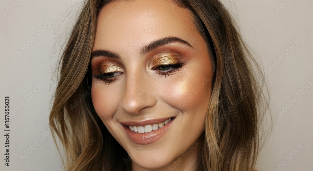 Radiant beauty portrait of young caucasian female with golden eye makeup for glamorous fashion and cosmetics Radiant beauty portrait of young caucasian female with golden eye makeup for glamorous fashion and cosmetics