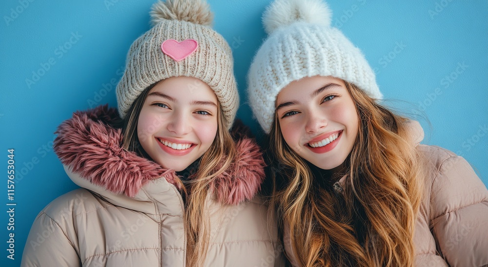 Smiling friends wear matching winter hats with pom poms and cozy jackets in a bright blue setting Smiling friends wear matching winter hats with pom poms and cozy jackets in a bright blue setting