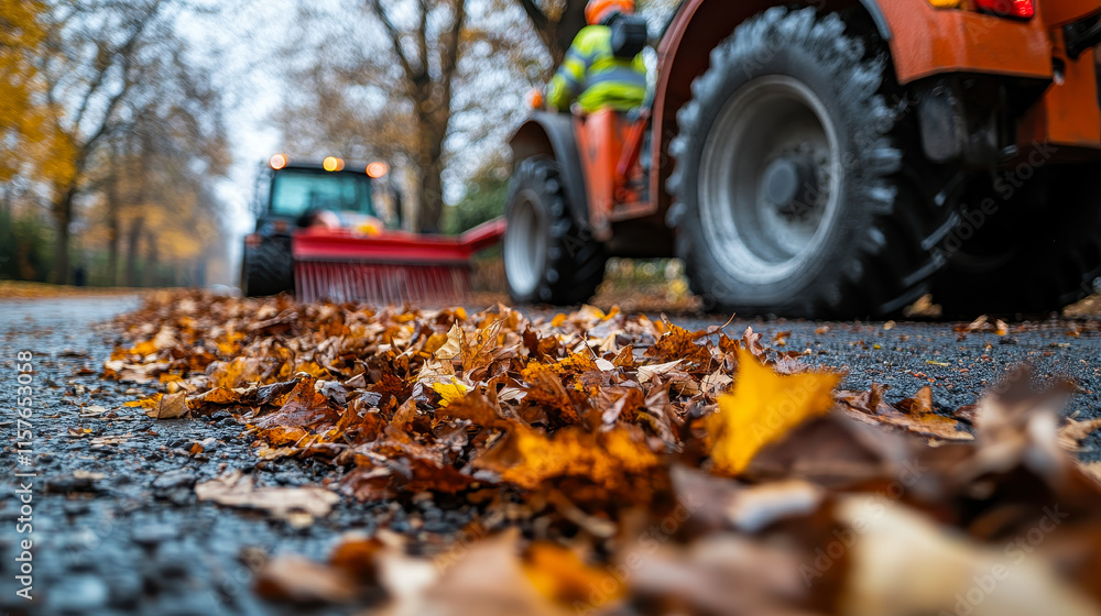 Worker Clearing Autumn Leaves with Rake on Road Near Tractor in High Visibility Gear Worker Clearing Autumn Leaves with Rake on Road Near Tractor in High Visibility Gear