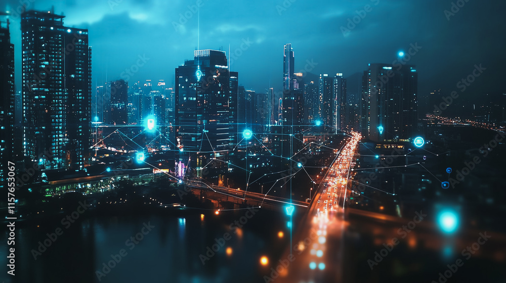 custom made wallpaper toronto digitalSmart digital Innovation city with connection network reciprocity over the cityscape. of future smart wireless digital city and social media networking systems that connects people with in city