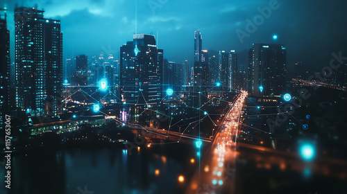 Wallpaper Mural Smart digital Innovation city with connection network reciprocity over the cityscape. of future smart wireless digital city and social media networking systems that connects people with in city Torontodigital.ca