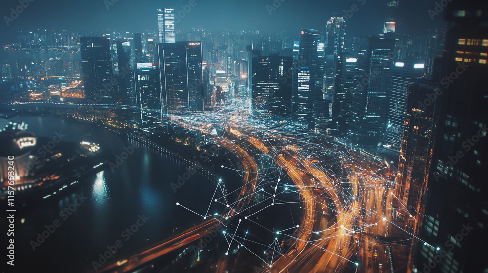 Obraz premium Smart digital Innovation city with connection network reciprocity over the cityscape. of future smart wireless digital city and social media networking systems that connects people with in city