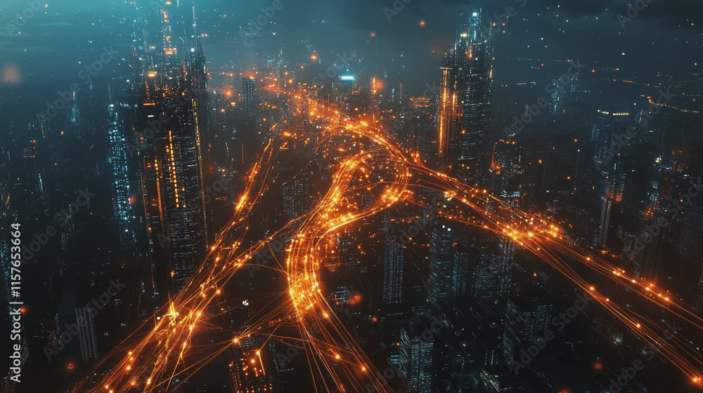 Obraz premium Smart digital Innovation city with connection network reciprocity over the cityscape. of future smart wireless digital city and social media networking systems that connects people with in city