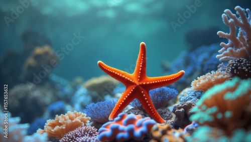 Vibrant orange starfish shines amidst a kaleidoscope of coral photo