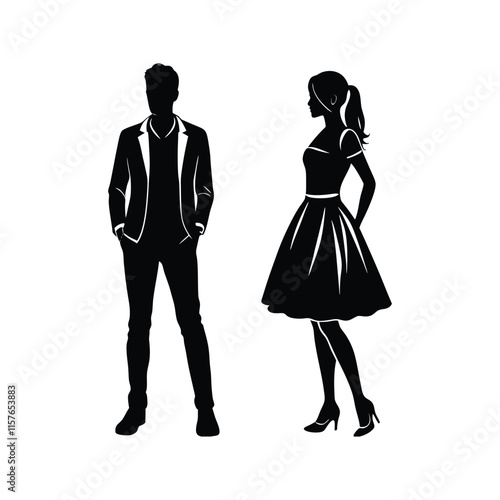 Elegant Silhouettes of a Stylish Man and Woman Standing Together - Vector Art Design