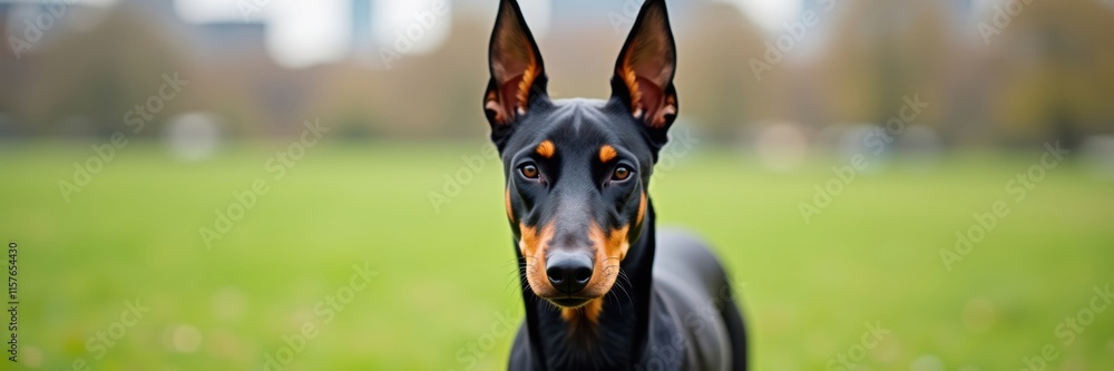 Doberman Pinscher with striking amber markings stares intently at the camera with blurred park background Doberman Pinscher with striking amber markings stares intently at the camera with blurred park background