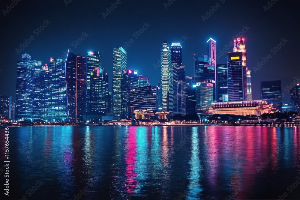 Fototapeta premium Vibrant skyline of Hong Kong reflected in the harbor at twilight with colorful lights illuminating the buildings