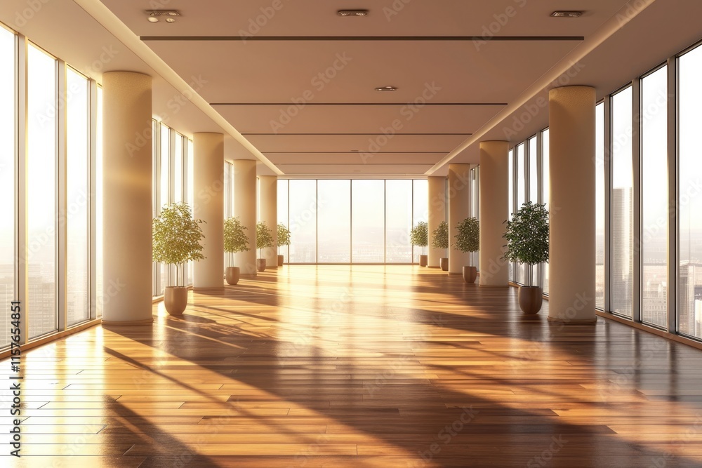 Fototapeta premium Modern Beige and Brown Toned Office Hall with Panoramic Windows and Spacious Perspective
