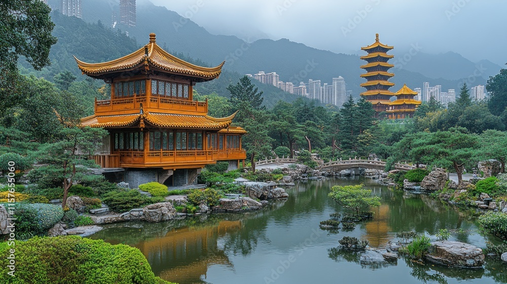 Fototapeta premium Serene Chinese garden with golden pavilions and pagodas reflected in a calm pond, surrounded by lush greenery and mountains in the background.
