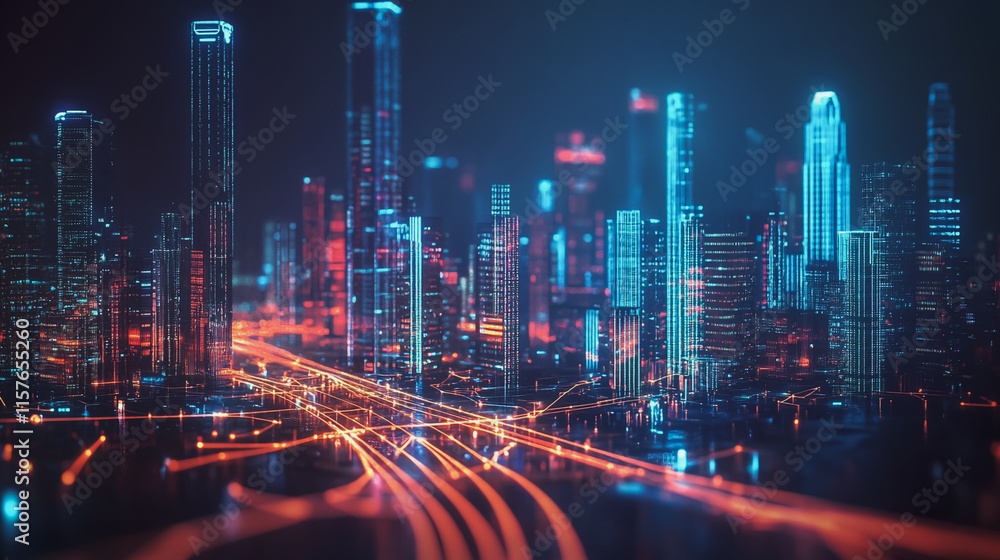 Fototapeta premium Smart digital Innovation city with connection network reciprocity over the cityscape. of future smart wireless digital city and social media networking systems that connects people with in city