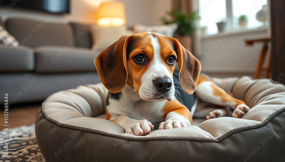 Cute Beagle dog lying in pet bed in living room, professional photography. isolated with white highlights Cute Beagle dog lying in pet bed in living room, professional photography. isolated with white highlights