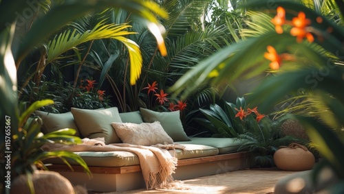 Cozy outdoor seating area surrounded by lush greenery in a tropical garden setting
