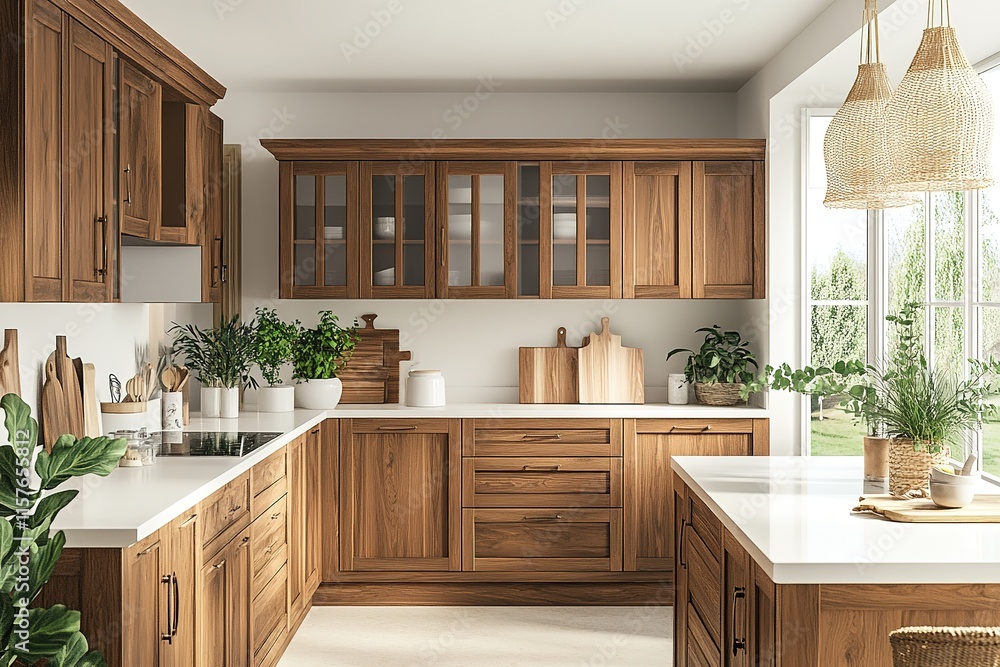 Warm wooden kitchen with elegant cabinetry, bright countertops, Warm wooden kitchen with elegant cabinetry, bright countertops,