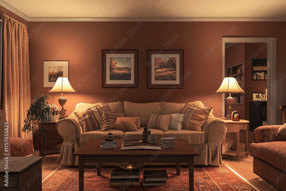 Fototapeta premium Warm and inviting living room with cozy sofa, soft lighting, and