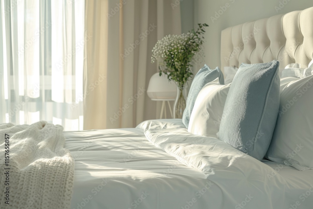 Fototapeta premium Modern Elegance: Stunning Interior Photography of a Luxurious White Bedroom with Comfortable Orthopedic Pillows