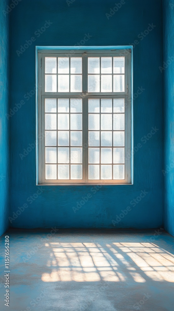 Bright blue room with large window casting shadows in afternoon light Bright blue room with large window casting shadows in afternoon light