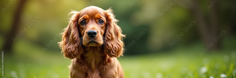 Captivating Portrait of a Sweet English Cocker Spaniel Puppy with Adorable Eyes and Wavy Fur in a Lush Green Meadow Setting Captivating Portrait of a Sweet English Cocker Spaniel Puppy with Adorable Eyes and Wavy Fur in a Lush Green Meadow Setting