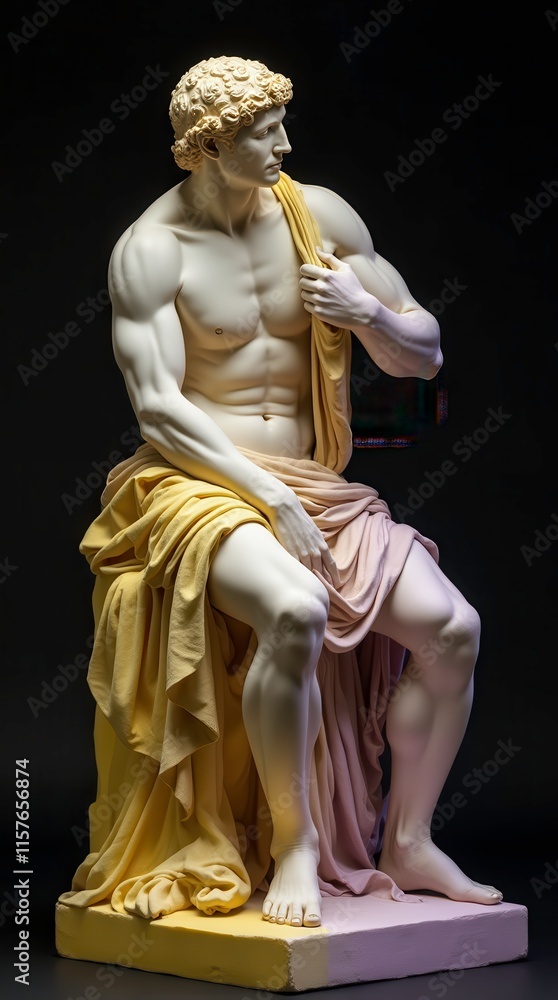 Obraz premium Seated Man Statue Showcasing Intricate Drapery and Lifelike Muscle Details in a Gradient of Colors. Generative AI