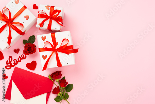 Valentine's Day composition with gifts and red roses on color background, top view