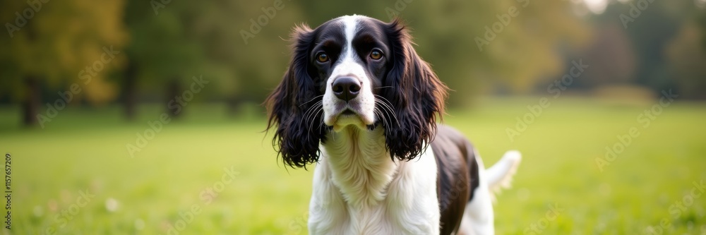 English Springer Spaniel with beautiful black and white coat poses regally in a tranquil green park looking directly into the lens with an adorable sweet face English Springer Spaniel with beautiful black and white coat poses regally in a tranquil green park looking directly into the lens with an adorable sweet face