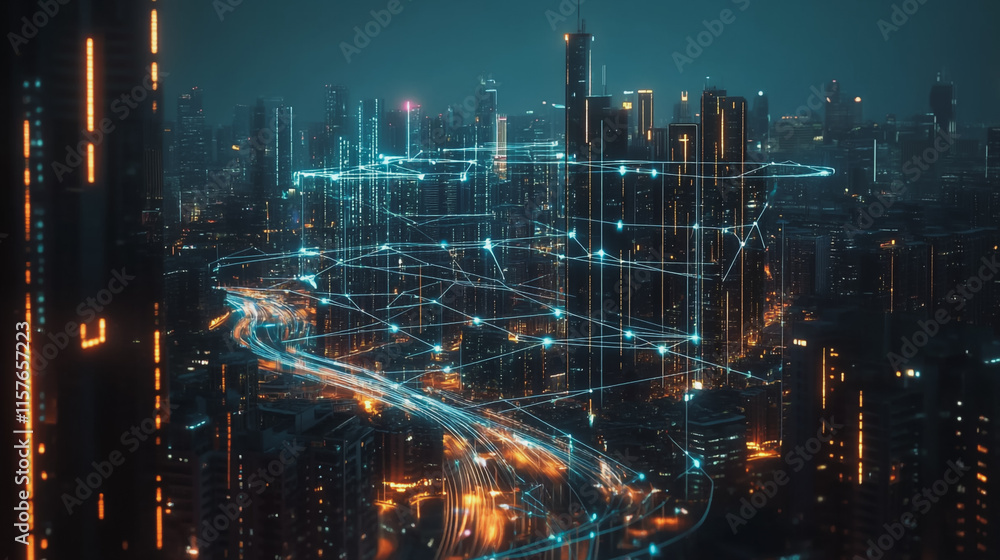 Fototapeta premium Smart digital Innovation city with connection network reciprocity over the cityscape. of future smart wireless digital city and social media networking systems that connects people with in city