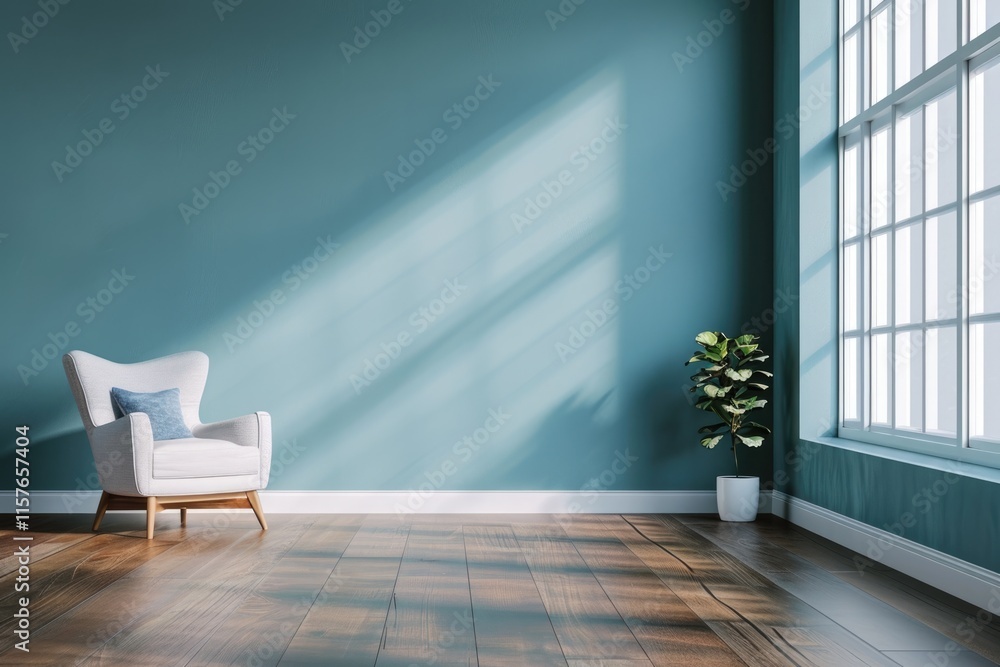 Modern Interior Design: Empty Living Room with Blue Toned Wall and Stylish Furniture Modern Interior Design: Empty Living Room with Blue Toned Wall and Stylish Furniture