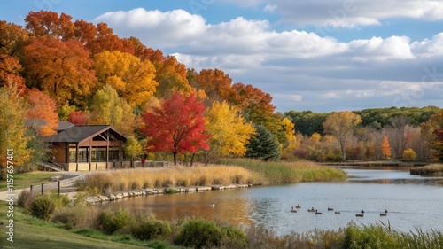 Beautiful Fall Day at Ernie Miller Nature Center With Vibrant Foliage and Peaceful Water. Generative AI